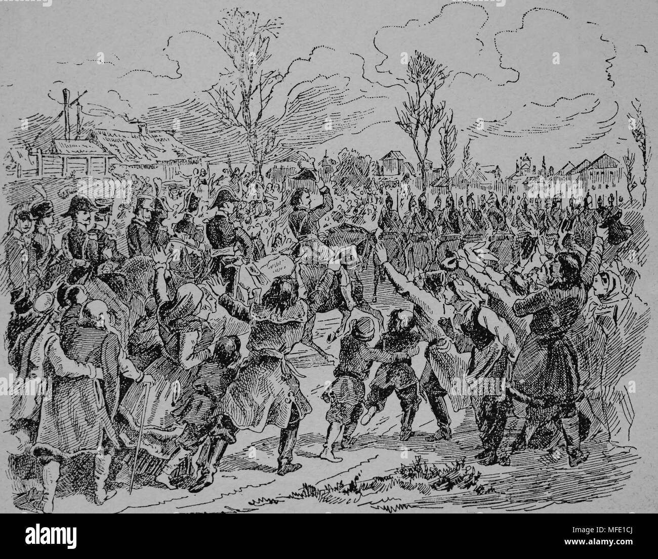 Nov. 1806 Murat entra Varsavia, Polonia. I poli di ricevere l'esercito francese di Napoleone come loro liberatore. Incisione, 19il THC Foto Stock