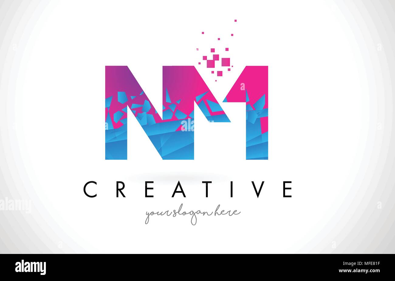 NM N M Lettera Logo con rotture di Shattered Blue triangoli rosa Texture Design illustrazione vettoriale. Illustrazione Vettoriale