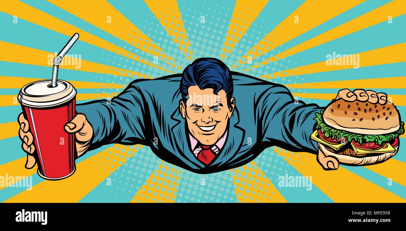 Imprenditore battenti, fast food Burger e Cola Illustrazione Vettoriale