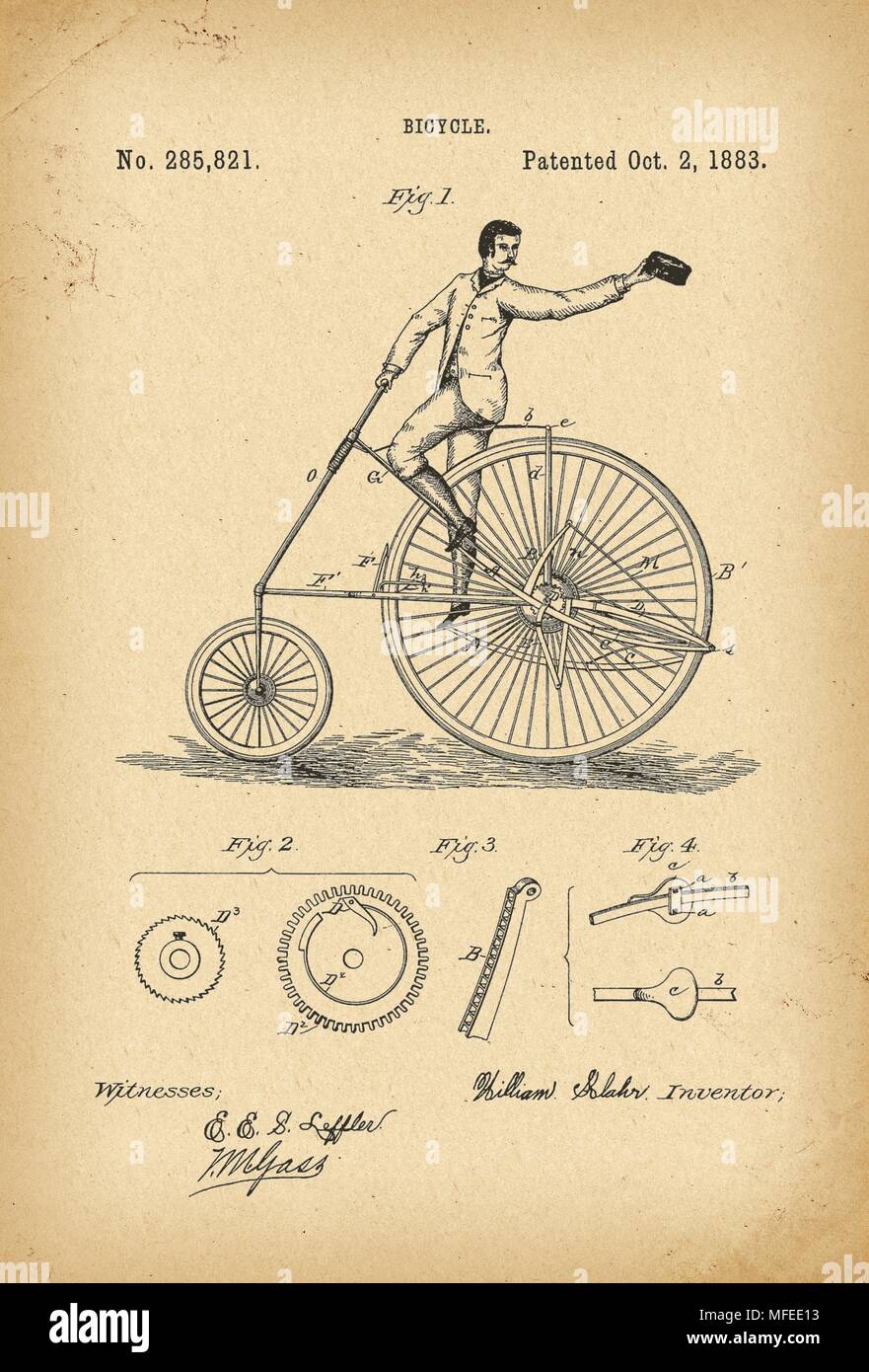 1883 Brevetto bicicletta Velocipede storia trovato Foto Stock