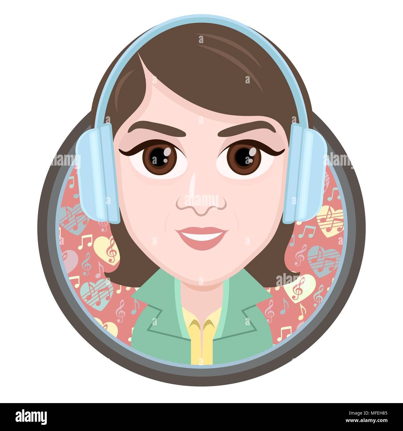 Personaggio dei fumetti, vettore di disegno ritratto ragazza di cuffie per ascoltare musica, icona smile, adesivo. Donna grandi occhi marroni in cornice rotonda con un patt Illustrazione Vettoriale