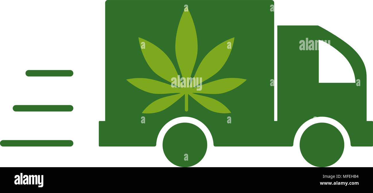 La consegna di cannabis. Illustrazione di una consegna icona del carrello con una foglia di marijuana. Illustrazione Vettoriale su sfondo bianco. Illustrazione Vettoriale