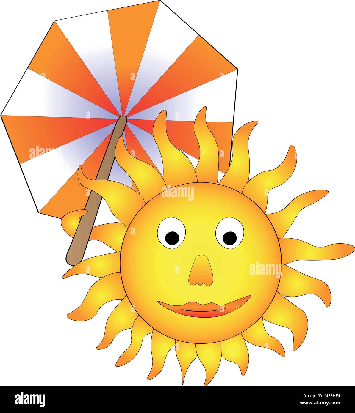 Illustrazione Vettoriale, sorridenti sun con ombrellone, strano concetto di estate sta arrivando Illustrazione Vettoriale