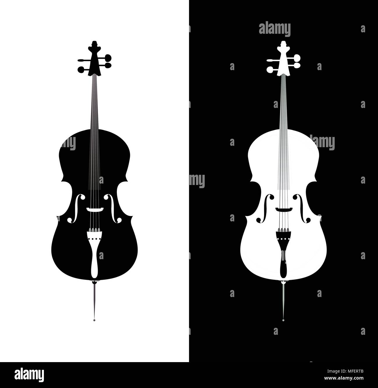 Violoncello in bianco e nero e colori blu - orchestra stringhe di strumento musicale in posa verticale, illustrazione di vettore isolato su bianco e sfondo nero Illustrazione Vettoriale