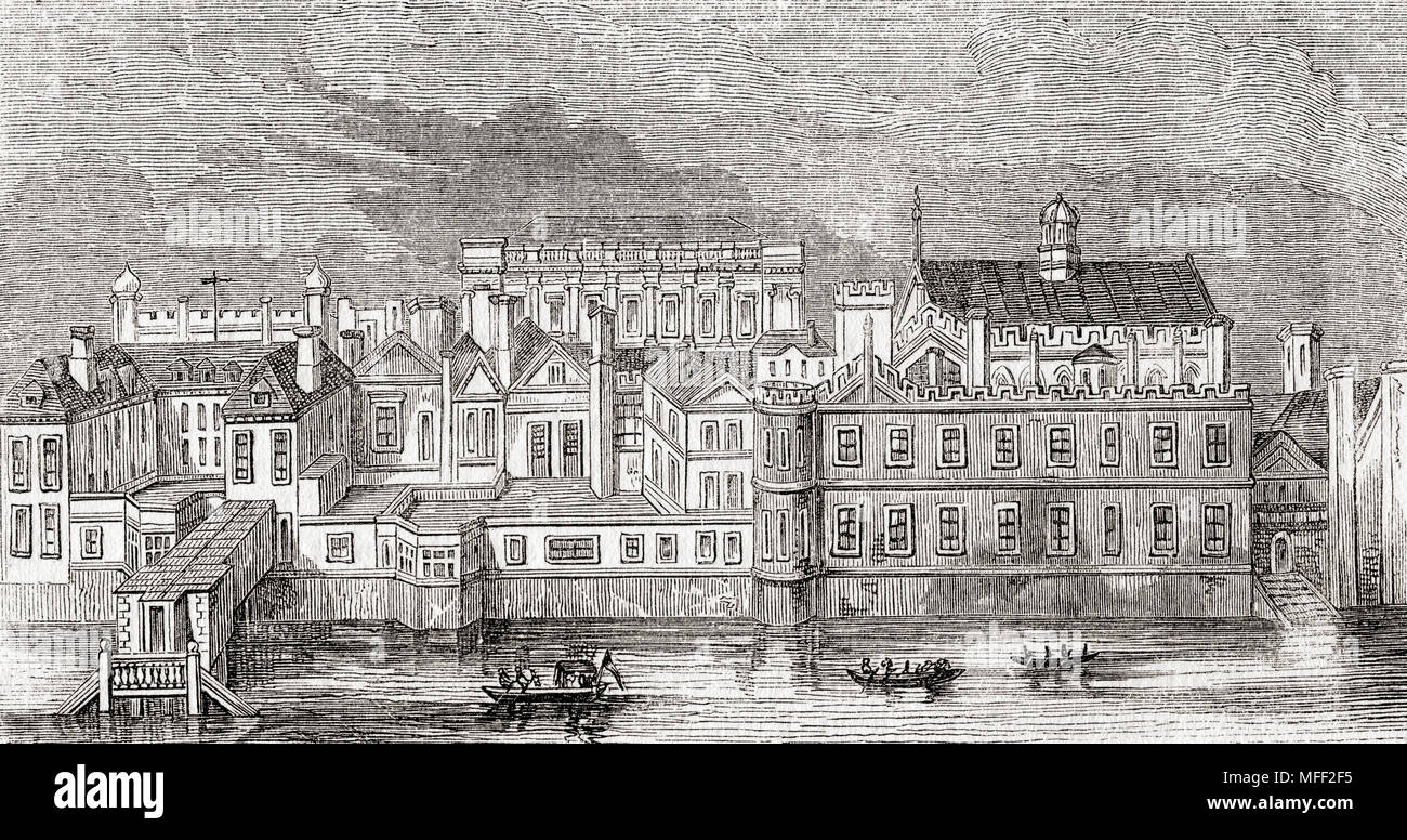 Il Palazzo di Whitehall, Westminster, Londra, Inghilterra come appariva prima dell'incendio del 1691. Da Vecchia Inghilterra: un museo pittorico, pubblicato nel 1847. Foto Stock