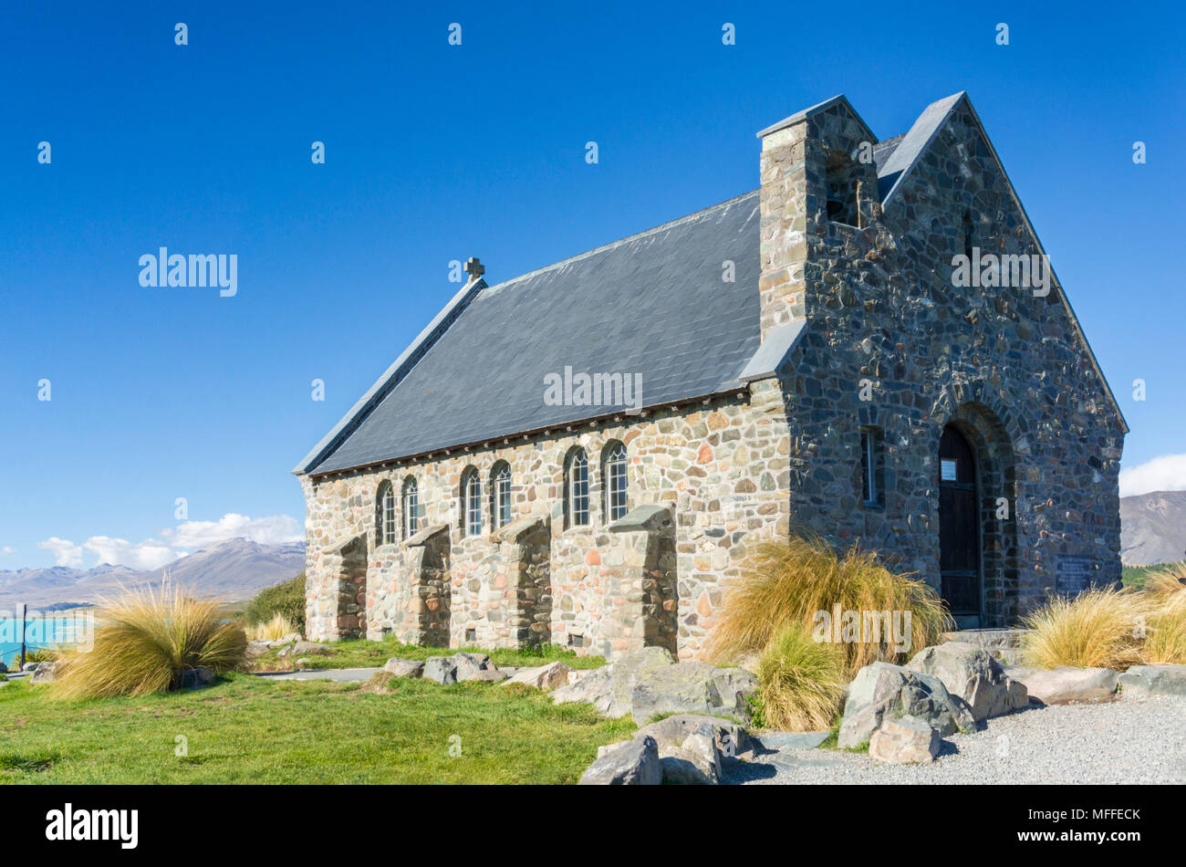 TEKAPO Lago Tekapo nuova zelanda isola del sud della Nuova Zelanda la chiesa del buon pastore Lago Tekapo nuova zelanda mackenzie quartiere isola del sud NZ Foto Stock