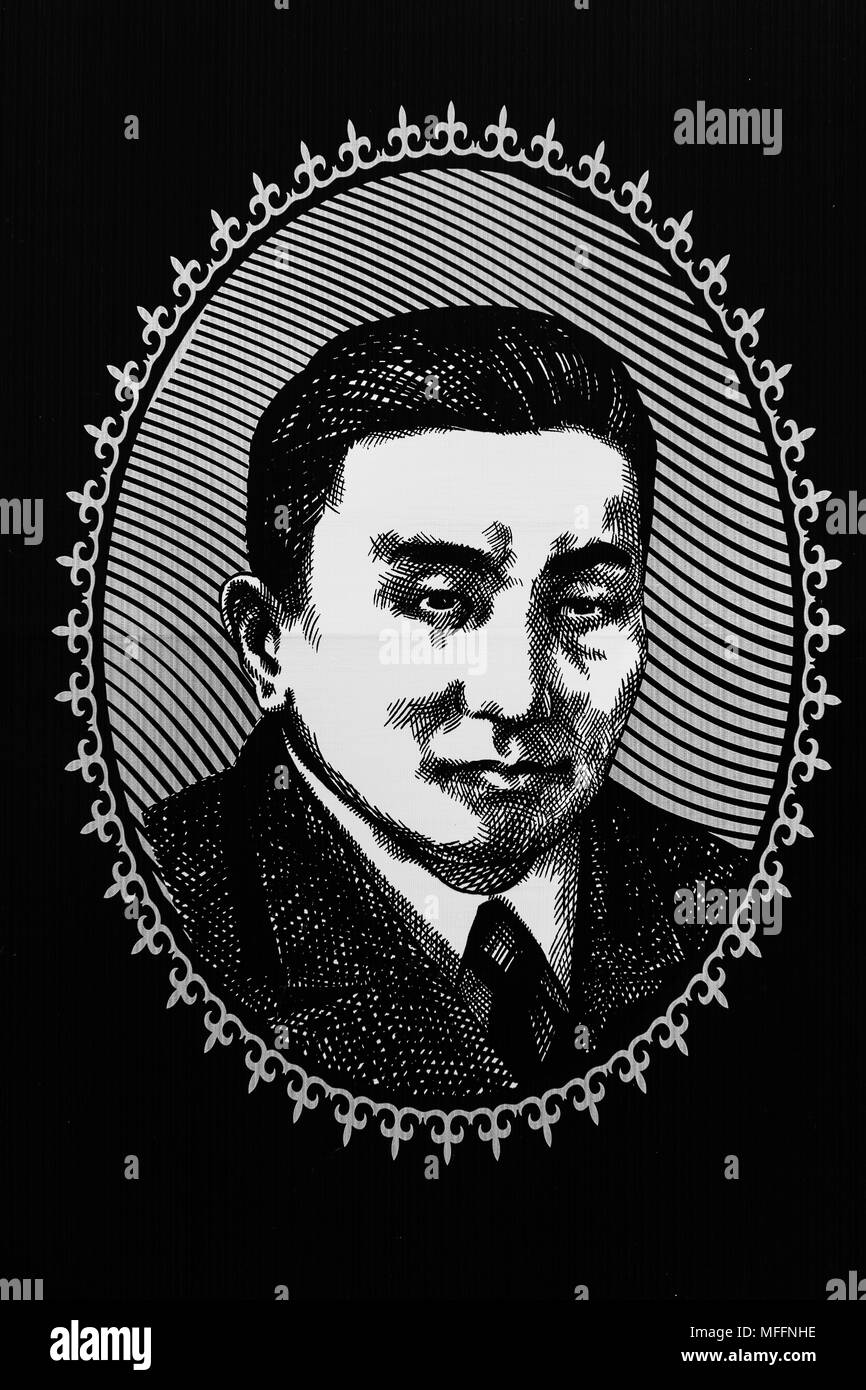 Parete di persone famose, Bayaly Isakeev, fondatore della indipendenza del Kirghizistan, XX secolo, centro culturale Ruh Ordo prende il nome dal famoso scrittore del Kirghizistan Ching Foto Stock