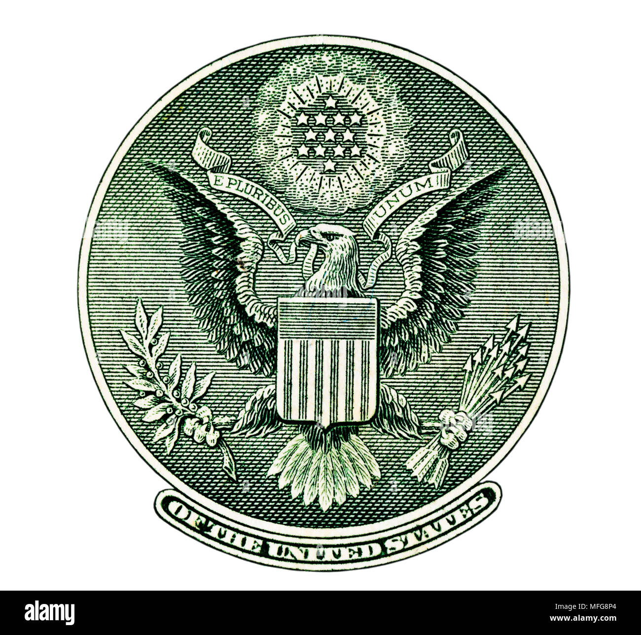E pluribus unum guarnizione su di noi un dollaro, percorso di clipping incluso Foto Stock