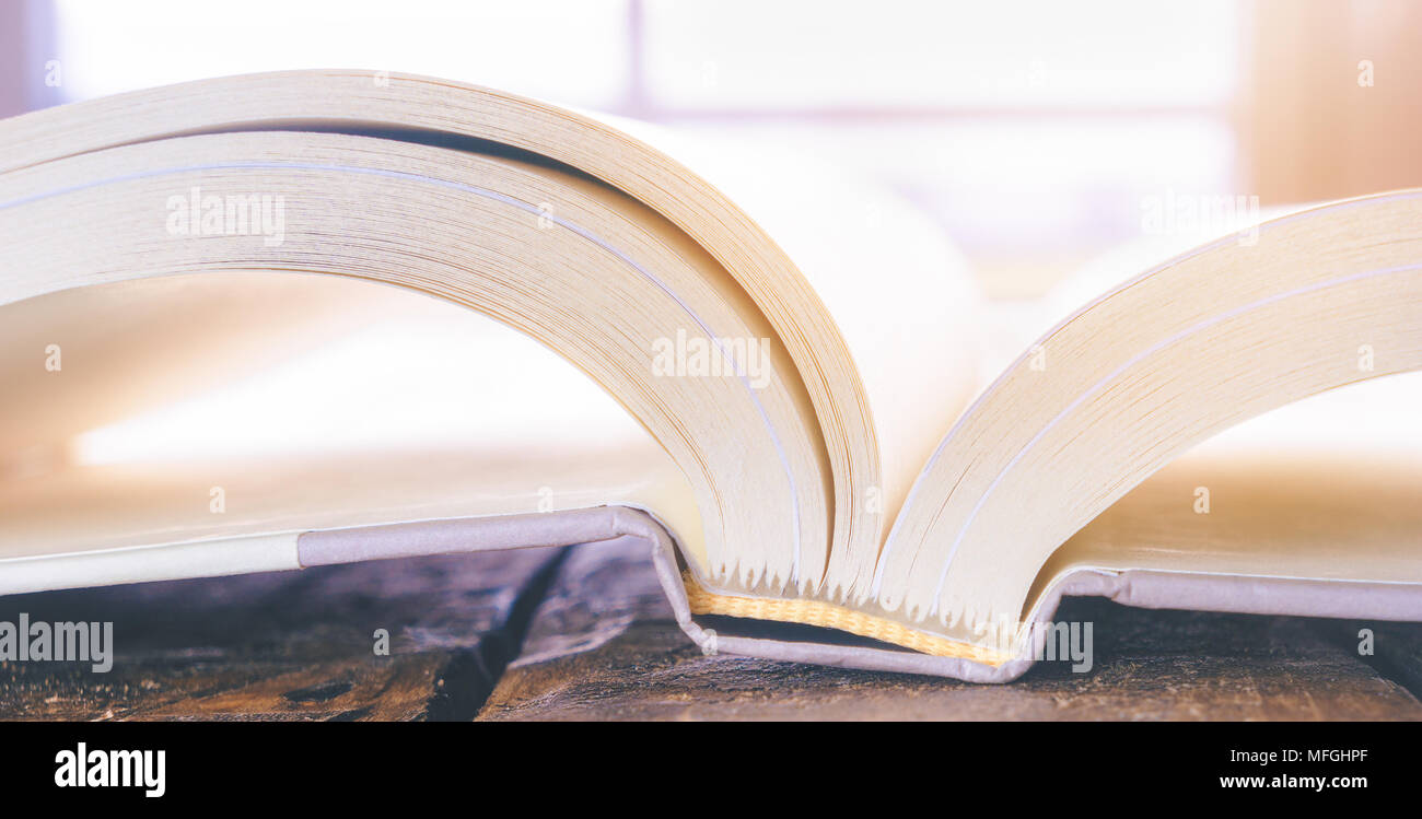 Chiave di elevato dettaglio di un libro aperto con pagine bianche, la lettura e il concetto di alfabetizzazione. Foto Stock