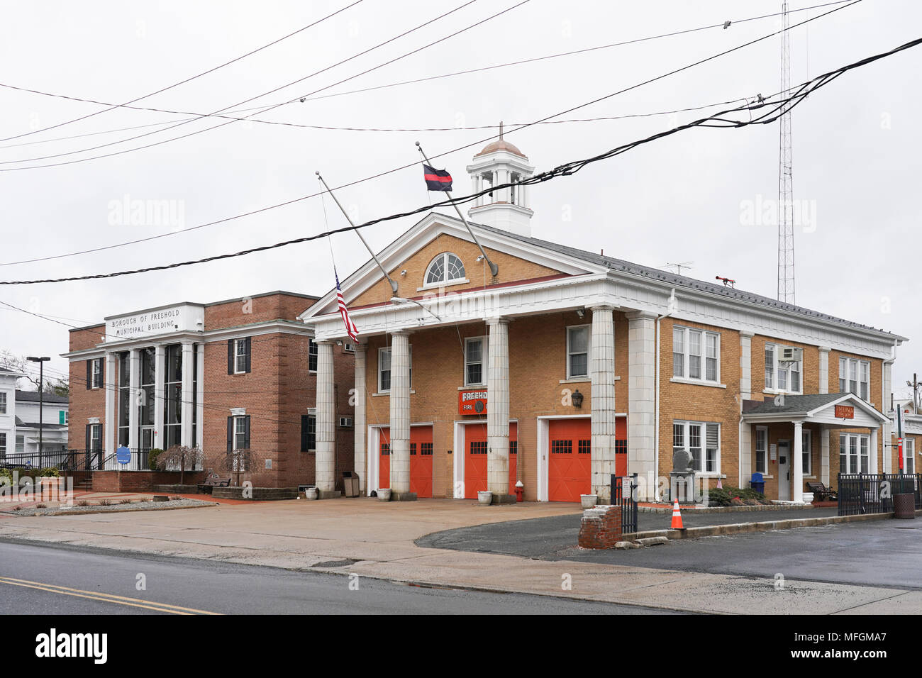 Una vista della stazione dei vigili del fuoco in Freehold, New Jersey, la città natale di Bruce Springsteen, negli Stati Uniti. Da una serie di foto di viaggio nel regno Foto Stock