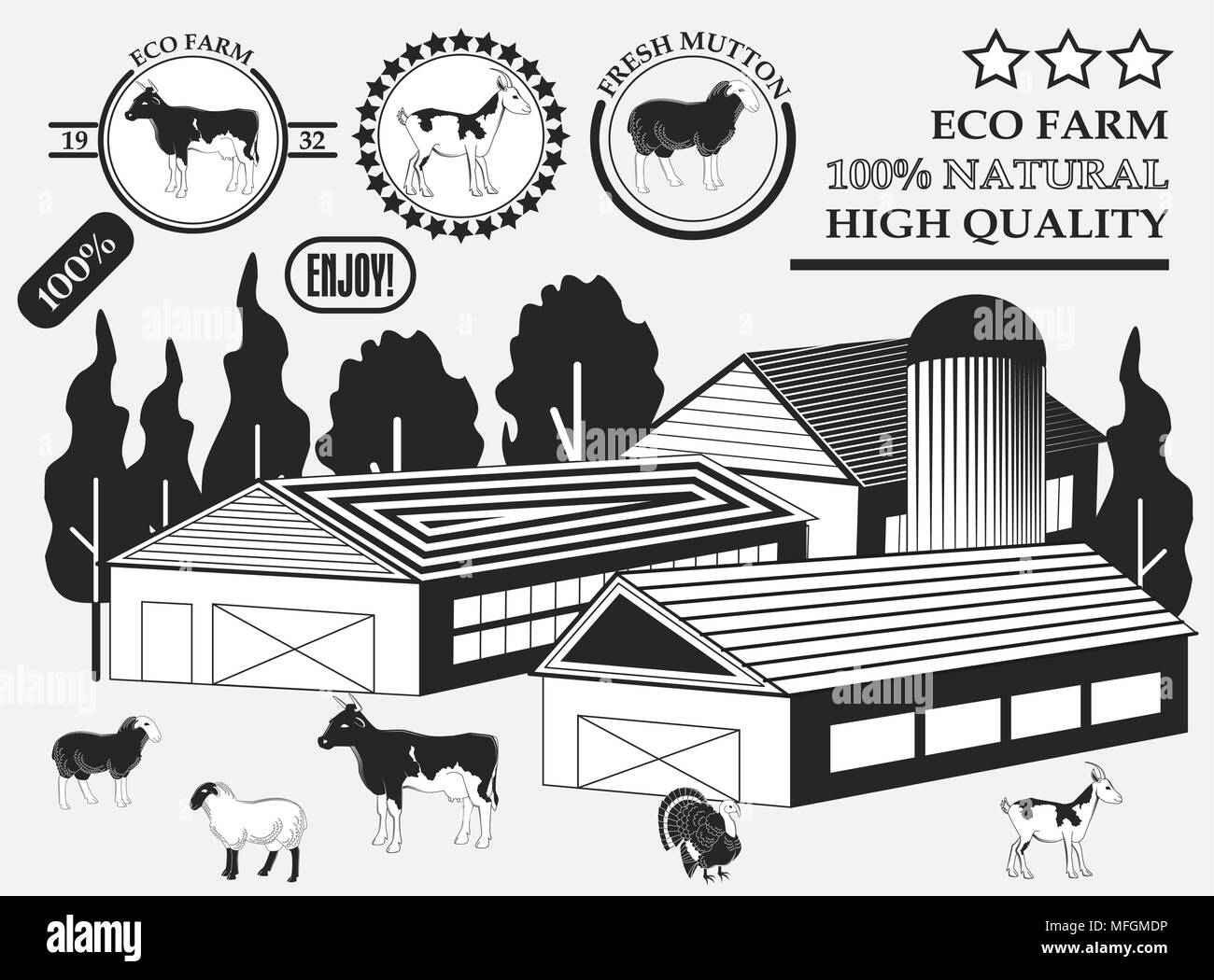 Set di vacca premium, capra, agnello, Turchia, le etichette delle carni bovine nella fattoria, distintivi ed elementi di design. Illustrazione Vettoriale Illustrazione Vettoriale