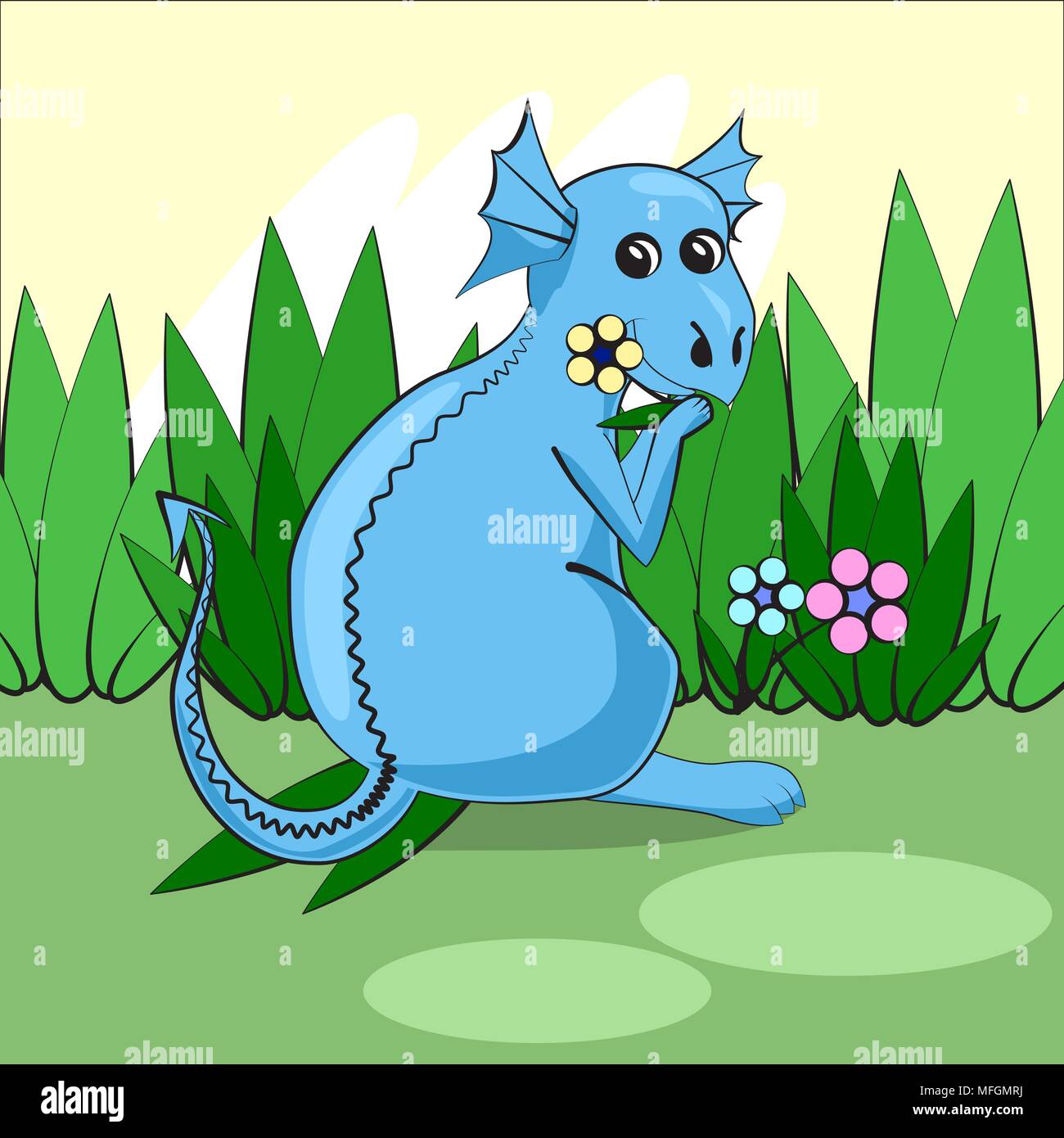 Simpatico Drago seduto su un prato verde con fiori e mangia l'erba. Illustrazione Vettoriale Illustrazione Vettoriale