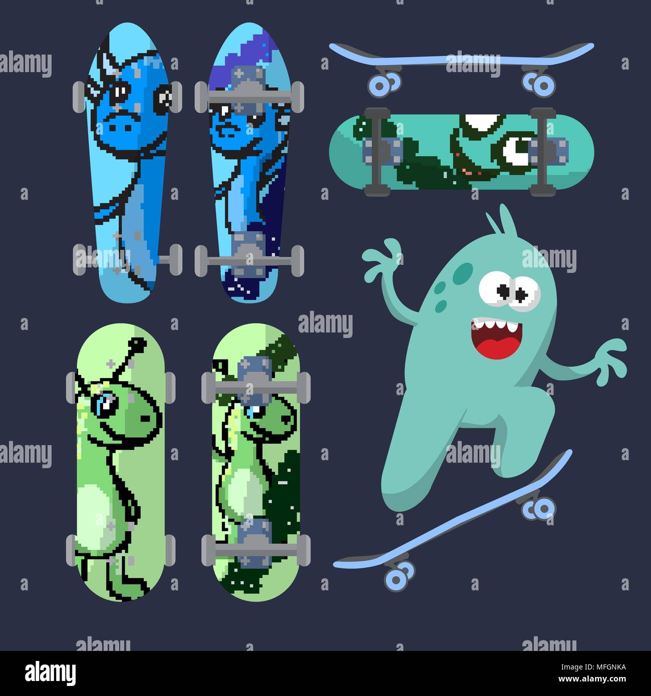 Skateboard luminoso su uno sfondo scuro con un allegro light Green monster. Illustrazione Vettoriale Illustrazione Vettoriale