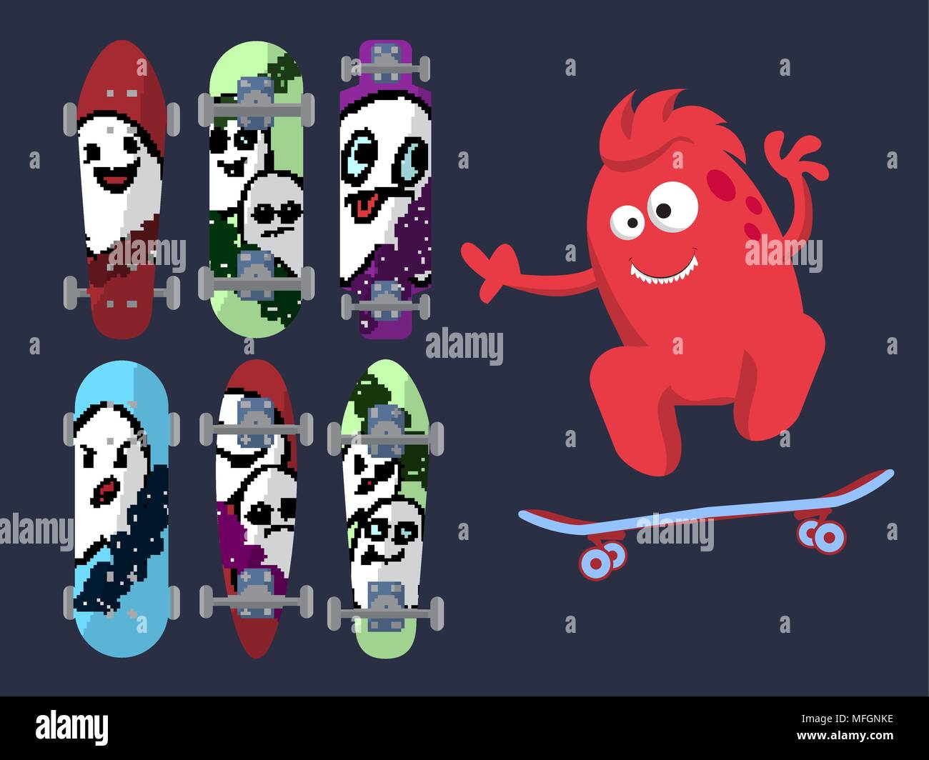 Sei brillanti skateboard con le immagini dei simpatici fantasmi su sfondo scuro con un mostro rosso. Illustrazione Vettoriale Illustrazione Vettoriale