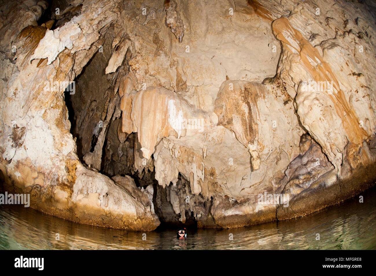 Snorkeller esplora le spettacolari grotte Tomolol, southern Raja Ampat, Papua occidentale, in Indonesia Foto Stock