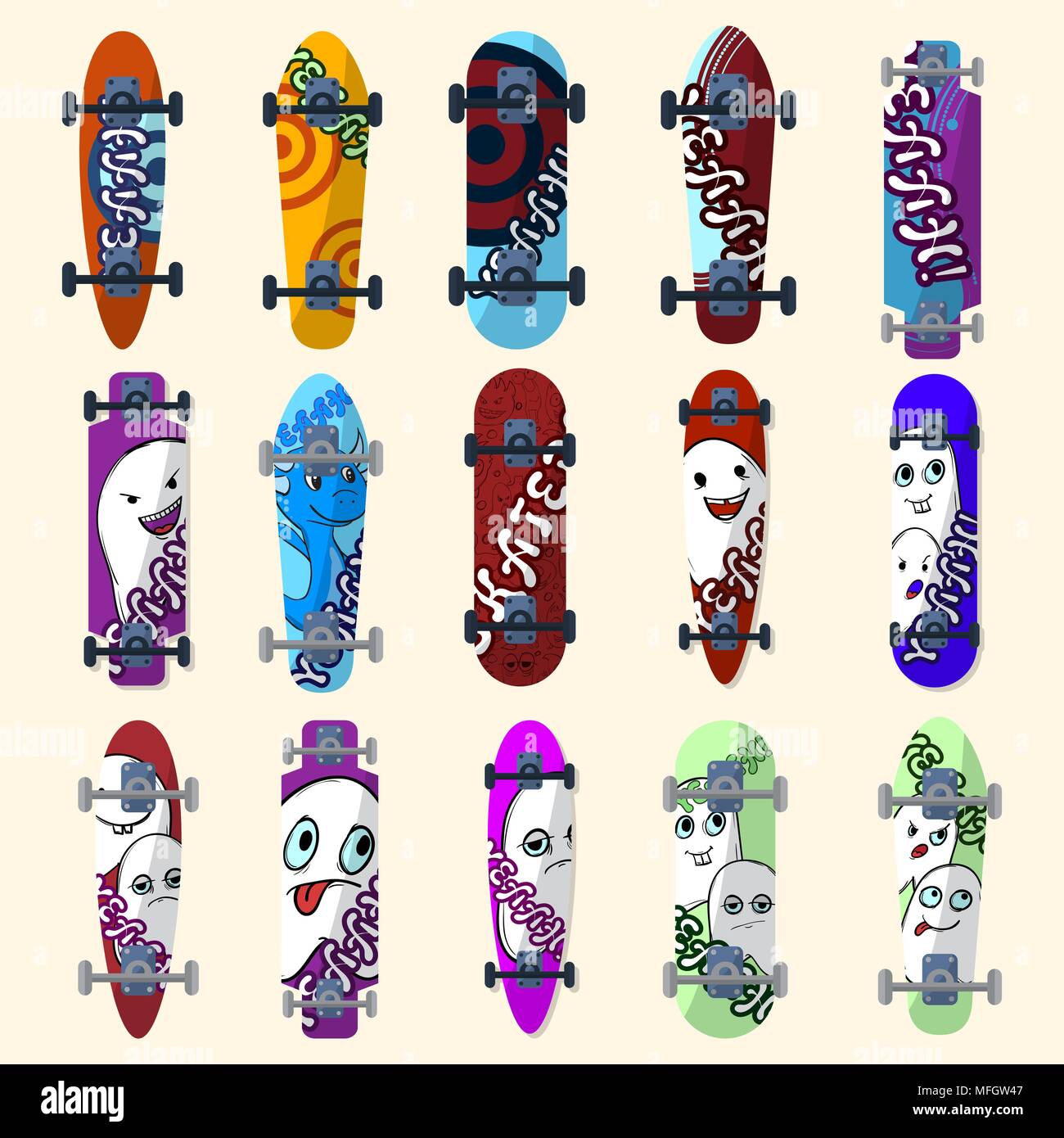 Set di skateboard e skateboarding ed elementi di stile di strada. Dipinto in luminose figure in uno stile cartoon. Illustrazione Vettoriale Illustrazione Vettoriale