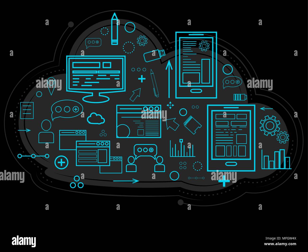 Dati Cloud è memorizzato sul server le informazioni relative alle persone, grafici, report, la memoria di lavoro e impostazioni. Documenti e relazioni. Il design lineare. Illustrazione Vettoriale