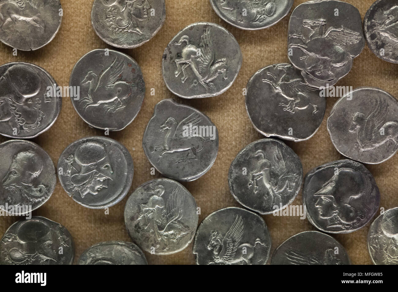 Pegasus e Atena raffigurata in greco antico monete d'argento (corinzie starter) datato a partire dalla seconda metà del IV secolo a.c. dal tesoro trovati in Sicilia in mostra al Museo Archeologico Nazionale (Museo Archeologico Nazionale di Napoli) in Napoli, campania, Italy. Athena è raffigurato indossando il casco corinzio. Foto Stock