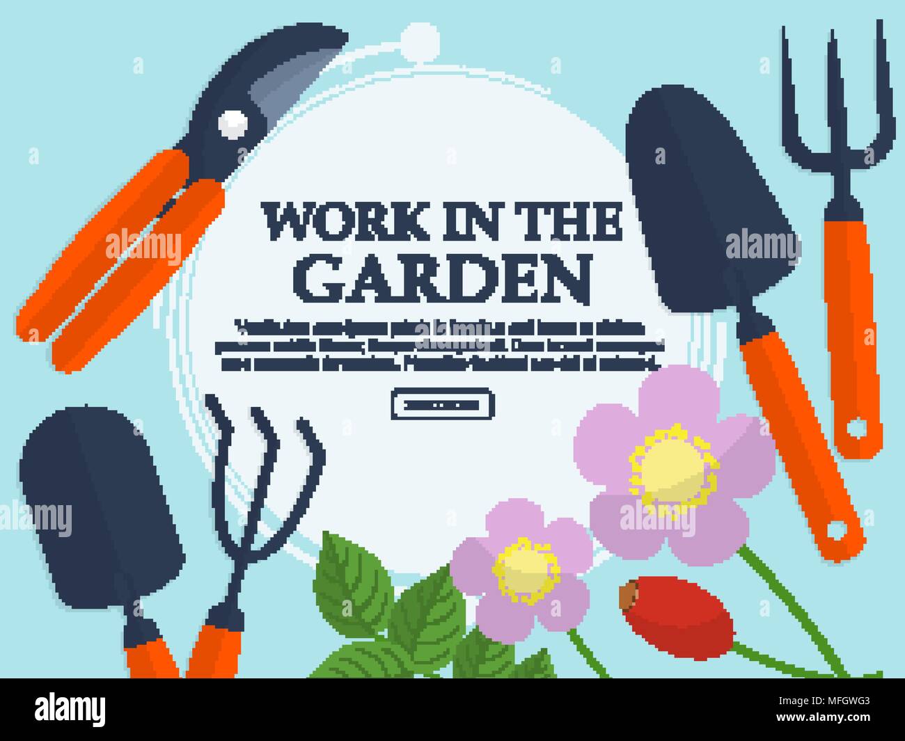 Set di attrezzi da giardino e di piante su uno sfondo luminoso con posto per il vostro testo. Illustrazione Vettoriale Illustrazione Vettoriale