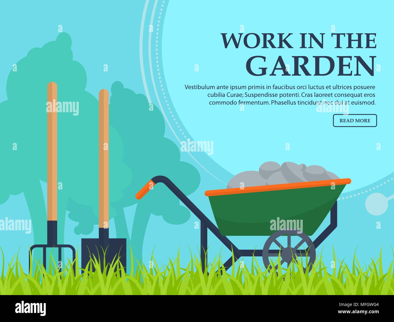 Carriola, pala e il forcone per lavorare in giardino su uno sfondo di alberi con spazio per la vostra pubblicità. Illustrazione Vettoriale Illustrazione Vettoriale