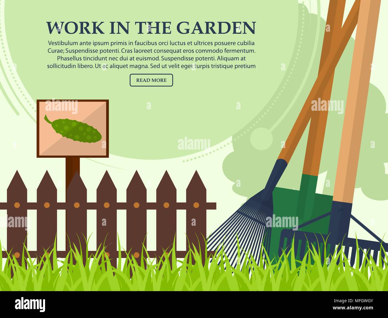 Attrezzi da giardino e un recinto su uno sfondo luminoso con posto per il vostro testo. Illustrazione Vettoriale Illustrazione Vettoriale