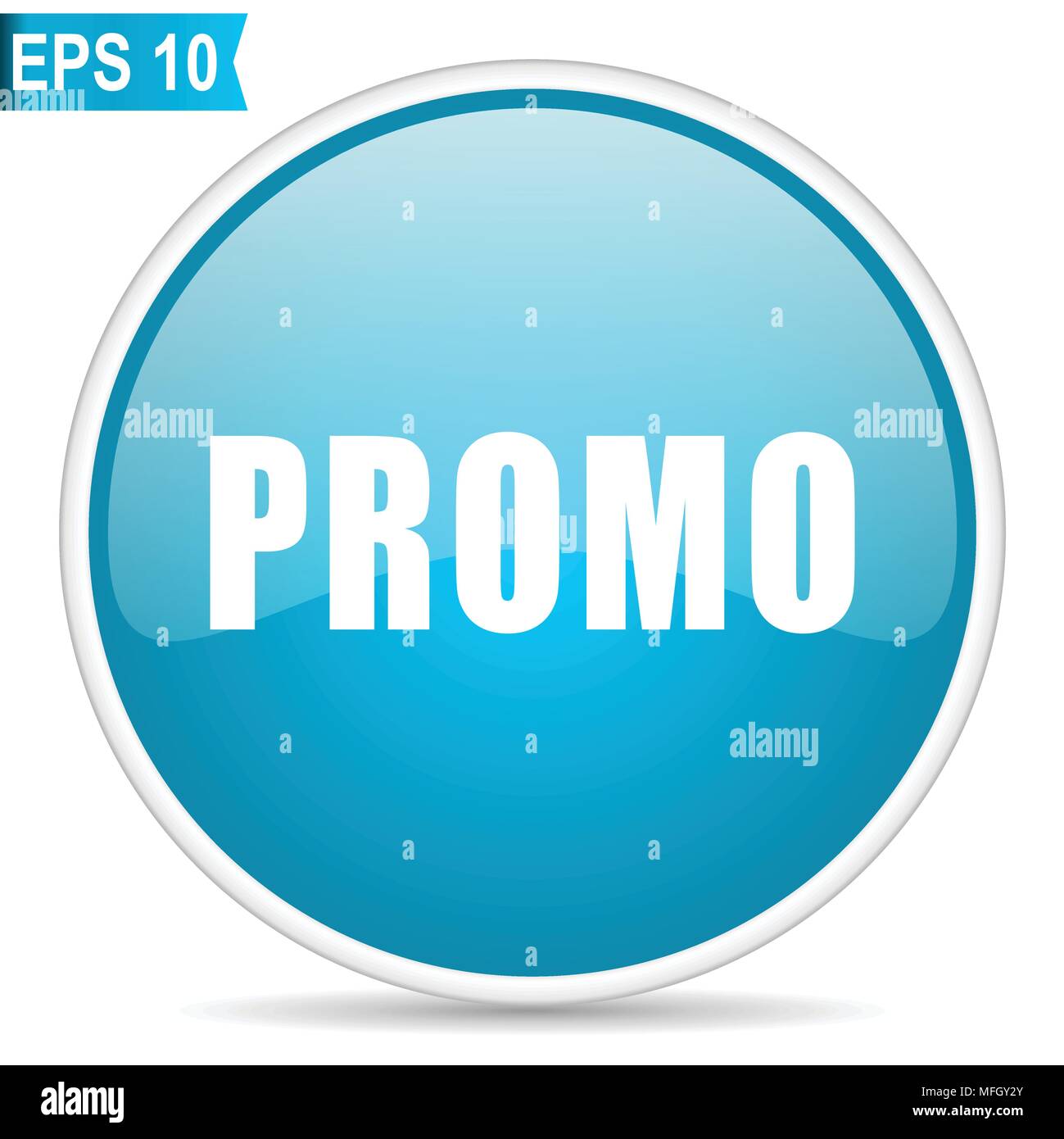 Promo lucida blu round icona vettoriale in formato eps 10. Modificabile design moderno pulsante internet su sfondo bianco. Illustrazione Vettoriale