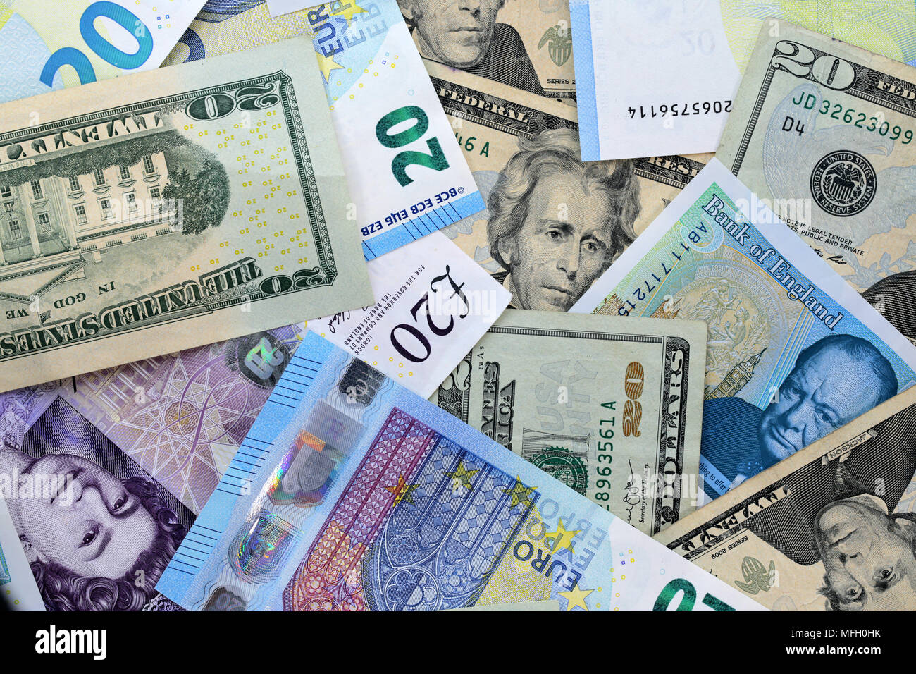 Degli Stati Uniti Stati Uniti venti dollari ($20), Regno Unito sterlina inglese di banconote e UE le banconote in euro. Foto Stock