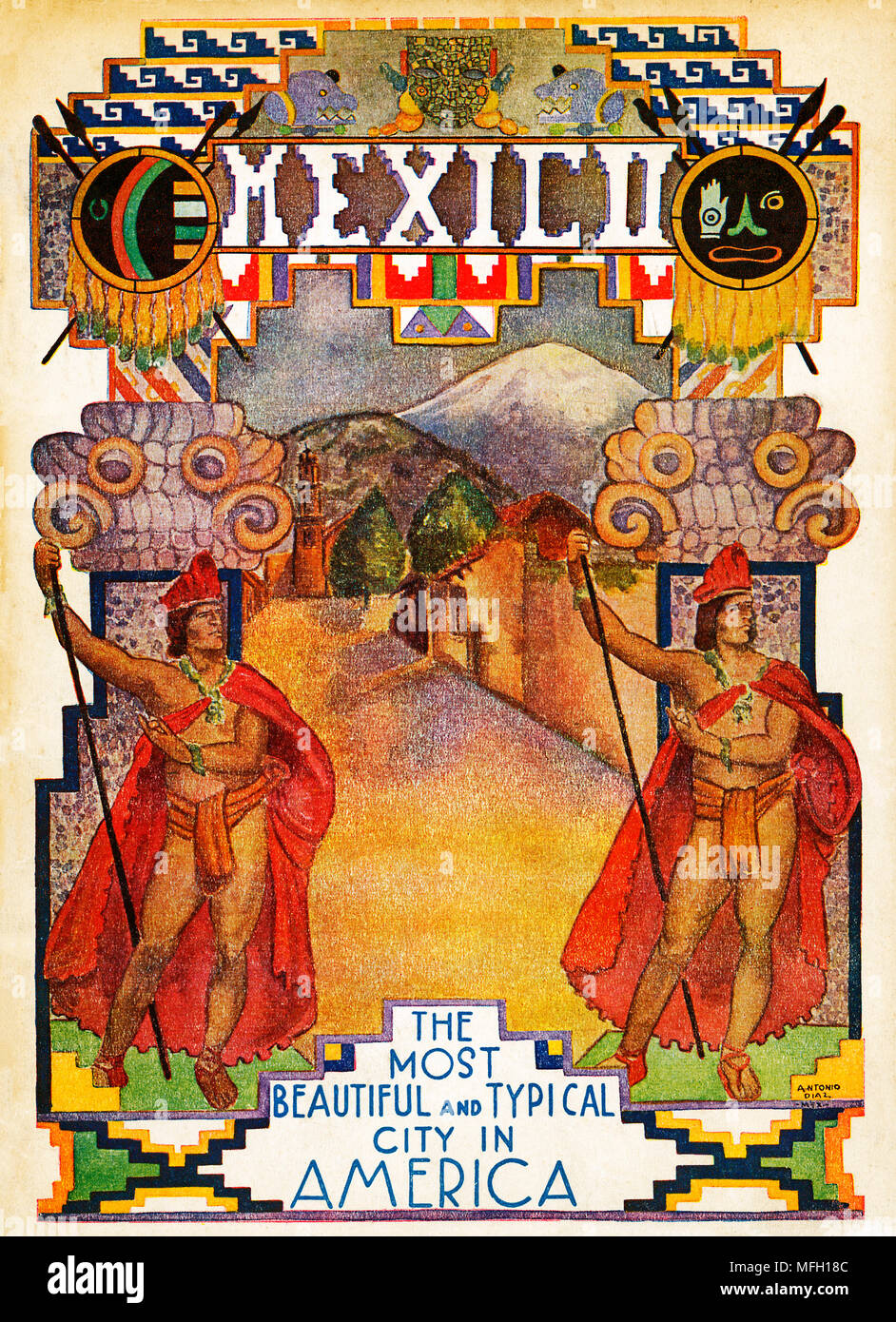Messico, 1928 guida illustrata il coperchio per l'America centrale città capitale usando grafici rievoca l'impero azteco Foto Stock