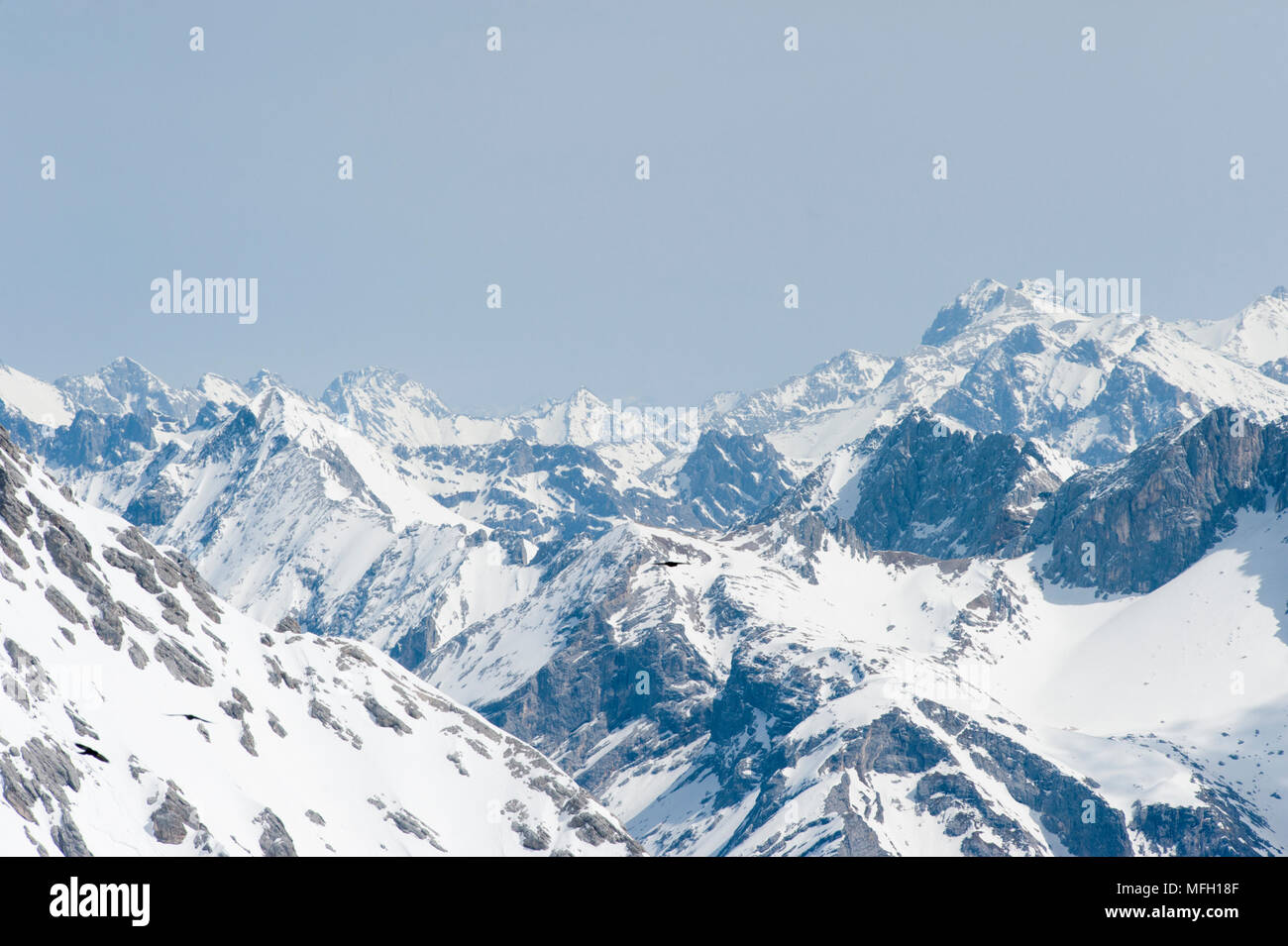 Alpi mountain range visto dal Zugspitze, nelle Alpi Orientali, che forma parte della montagne del Wetterstein,(Tedesco: Wettersteingebirge), Baviera, Germania Foto Stock