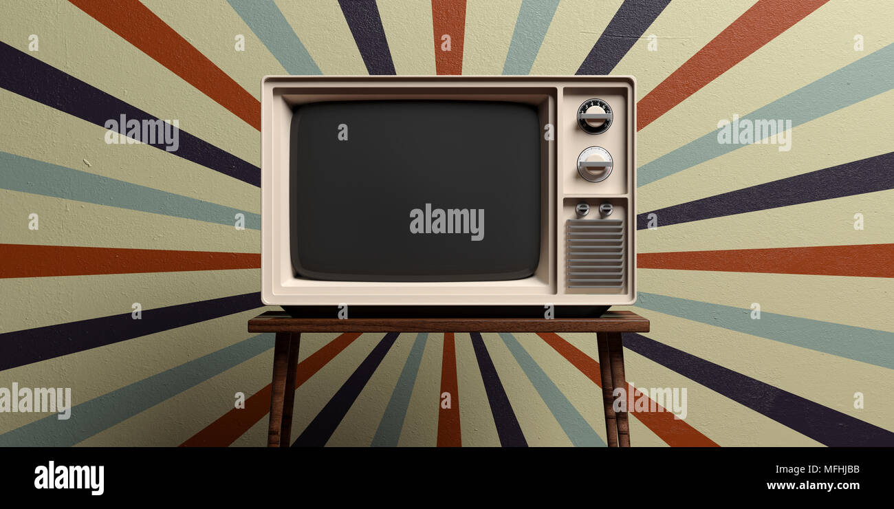 Retrò vecchia tv su un tavolo, circus parete vintage background. 3d illustrazione Foto Stock