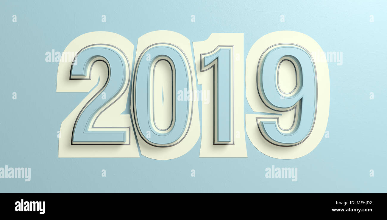 Nuovo anno 2019, in stile vintage, su fondo azzurro. 3d illustrazione Foto Stock