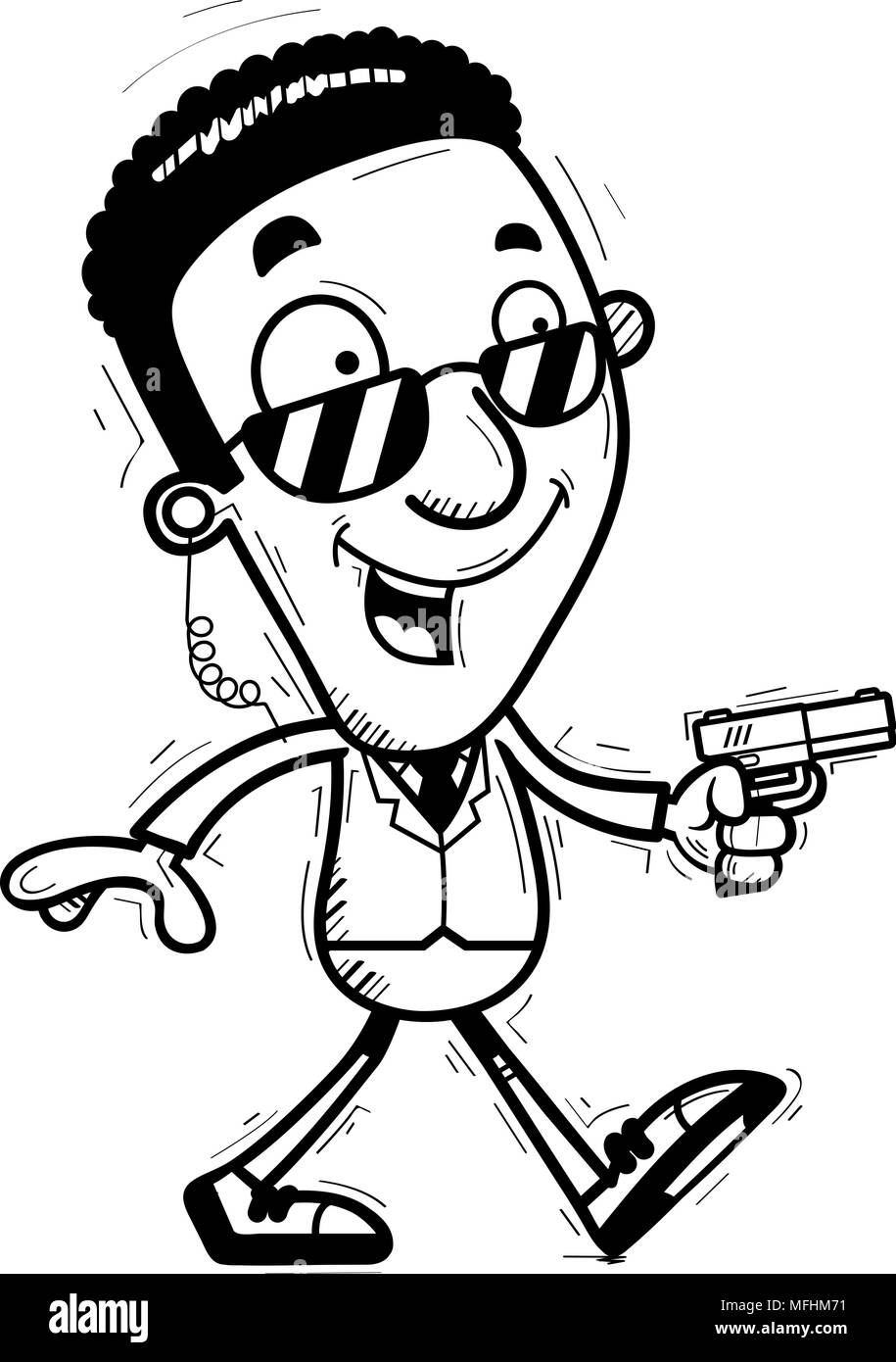 Un cartoon illustrazione di un uomo nero agente dei servizi segreti a piedi. Illustrazione Vettoriale