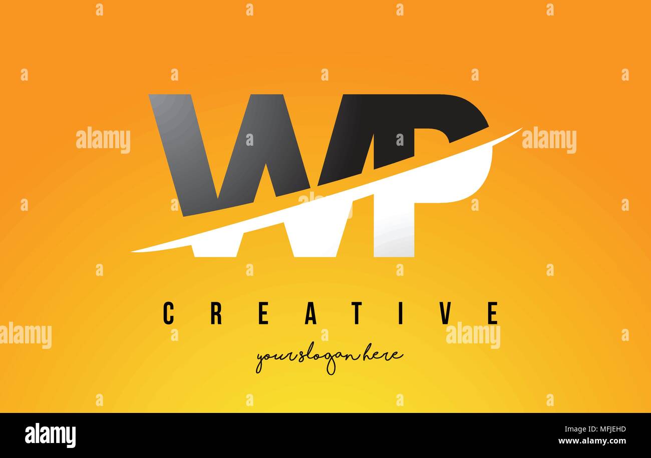 WP W P Lettera Logo moderno design con Swoosh il taglio del Centro lettere e sfondo giallo. Illustrazione Vettoriale