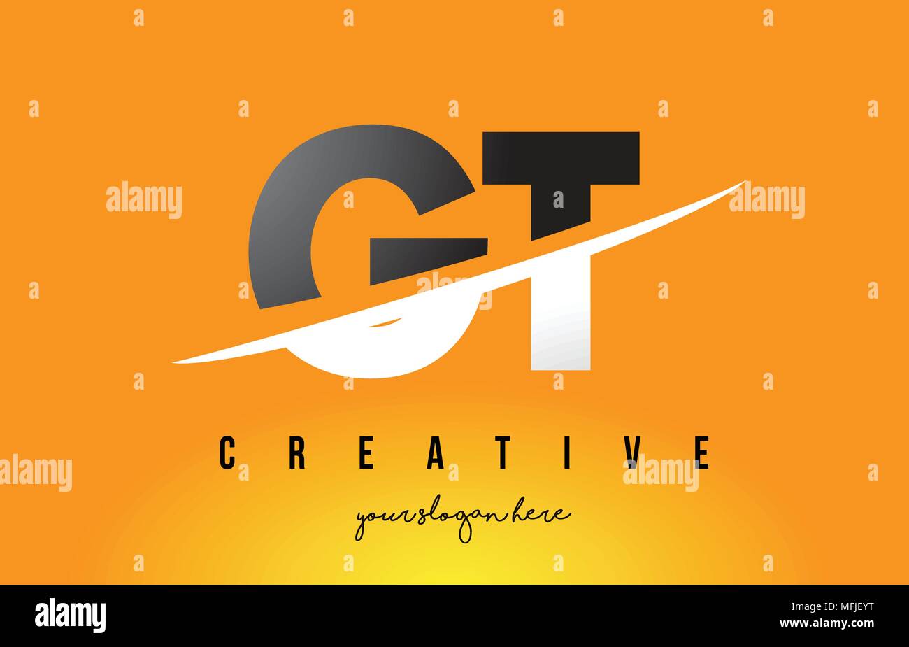 GT G T Lettera Logo moderno design con Swoosh il taglio del Centro lettere e sfondo giallo. Illustrazione Vettoriale