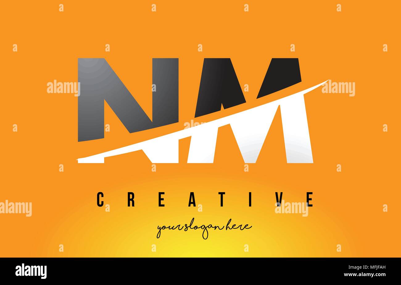 NM N M Lettera Logo moderno design con Swoosh il taglio del Centro lettere e sfondo giallo. Illustrazione Vettoriale