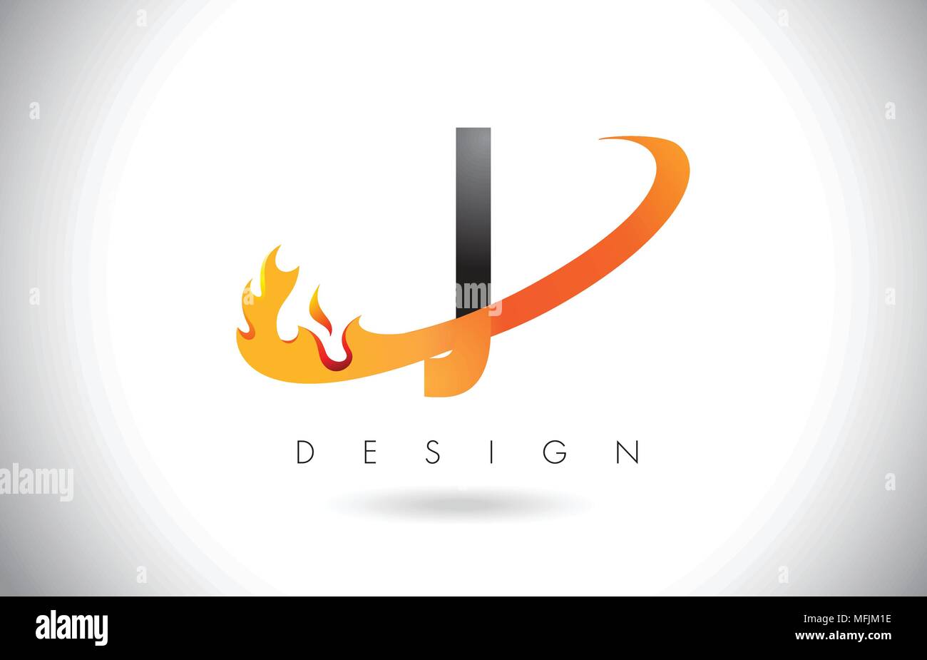 J Lettera Logo Design con fiamme di fuoco e Orange Swoosh illustrazione vettoriale. Illustrazione Vettoriale