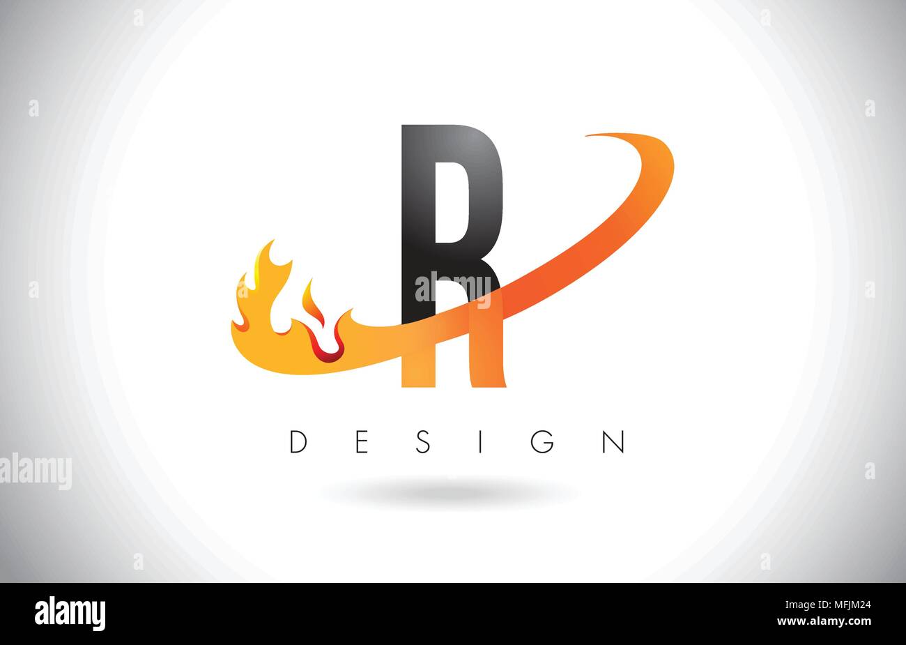 R Lettera Logo Design con fiamme di fuoco e Orange Swoosh illustrazione vettoriale. Illustrazione Vettoriale