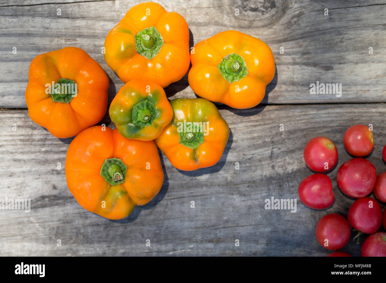 Still Life fotografie scattate in studio di verdure su un rustico sfondo di legno. Foto di Beth Hall Foto Stock