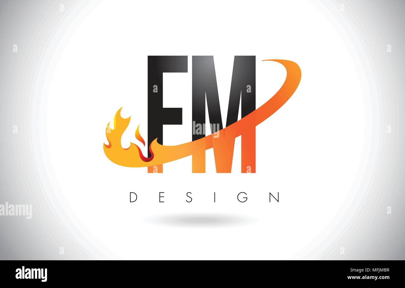 FM F M Lettera Logo Design con fiamme di fuoco e Orange Swoosh illustrazione vettoriale. Illustrazione Vettoriale