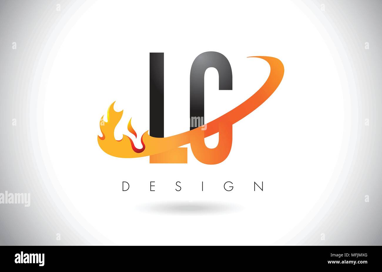 LC L C Lettera Logo Design con fiamme di fuoco e Orange Swoosh illustrazione vettoriale. Illustrazione Vettoriale