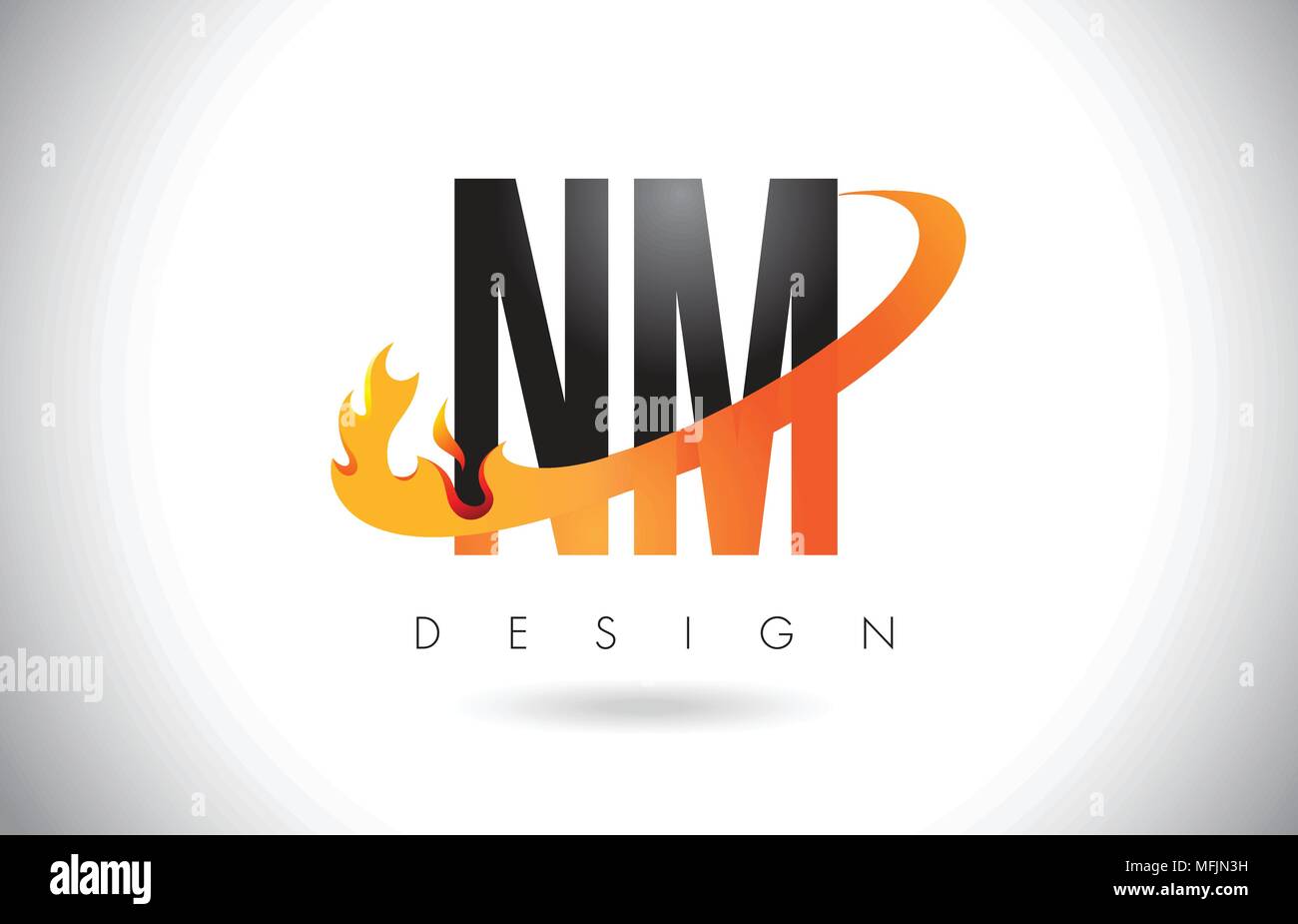 NM N M Lettera Logo Design con fiamme di fuoco e Orange Swoosh illustrazione vettoriale. Illustrazione Vettoriale