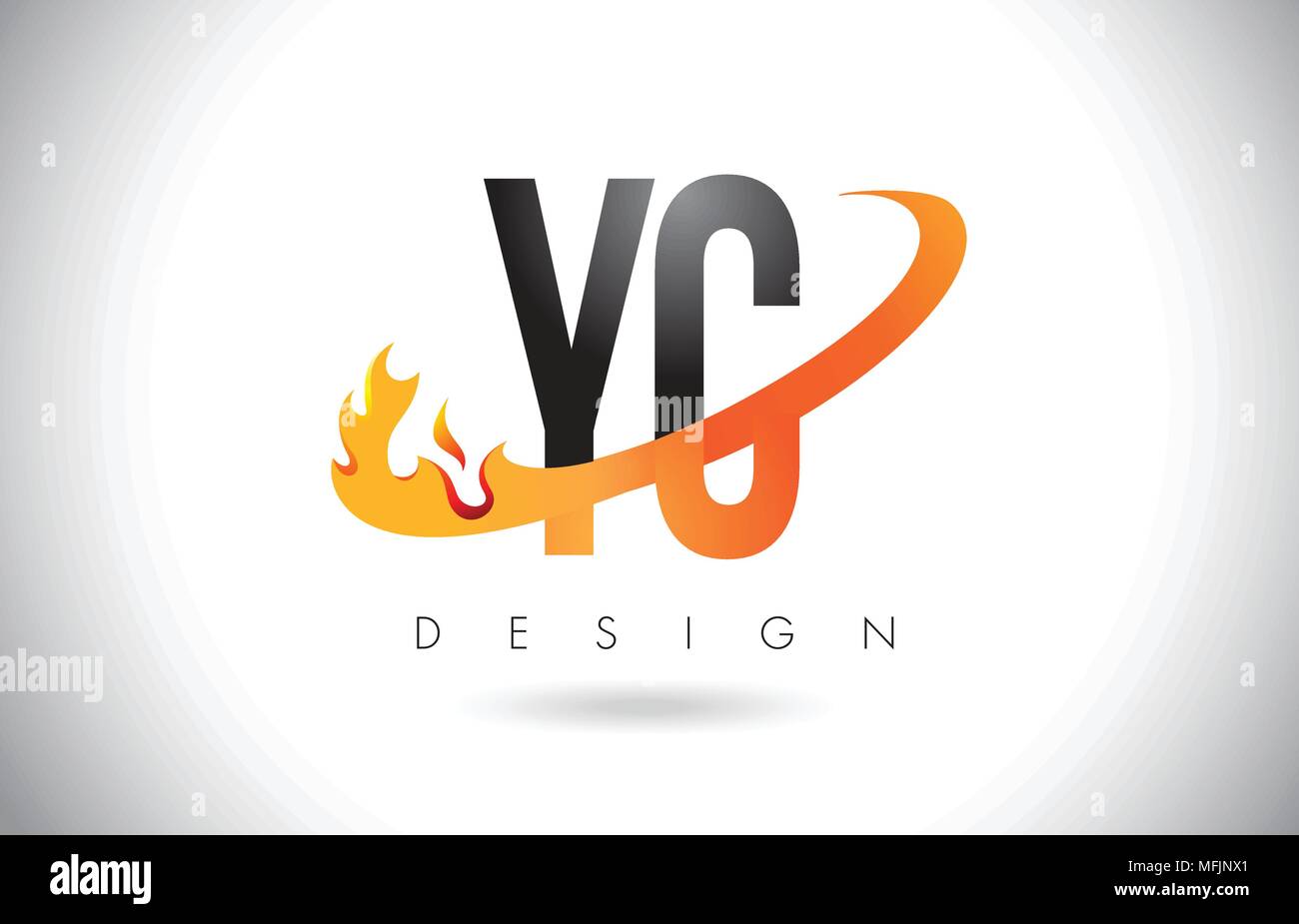 YC Y C Lettera Logo Design con fiamme di fuoco e Orange Swoosh illustrazione vettoriale. Illustrazione Vettoriale