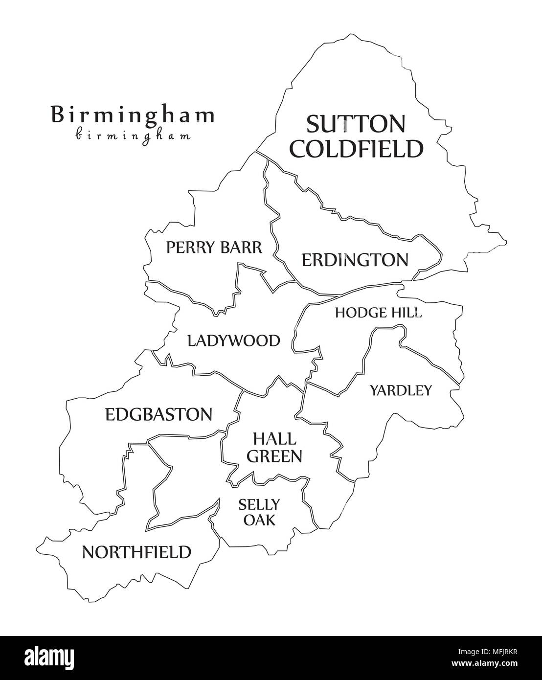 Città moderna mappa - Birmingham City of England con comuni e titoli del Regno Unito mappa di contorno Illustrazione Vettoriale
