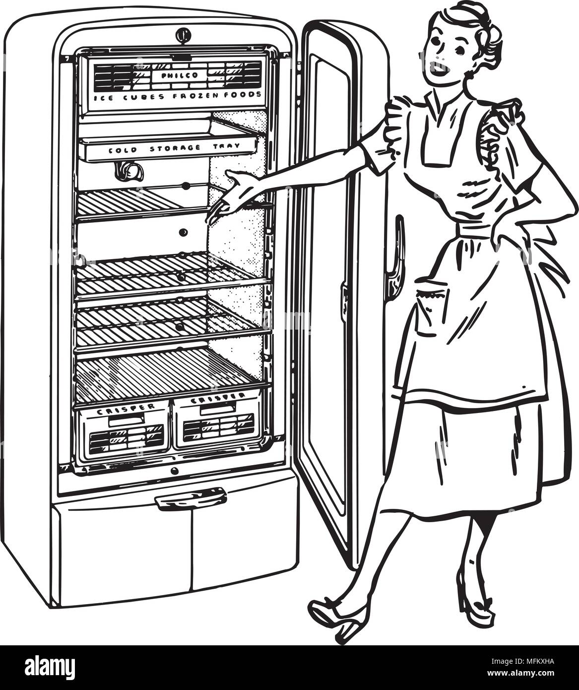 Signora con frigo nuovo - retrò illustrazione clipart Illustrazione Vettoriale