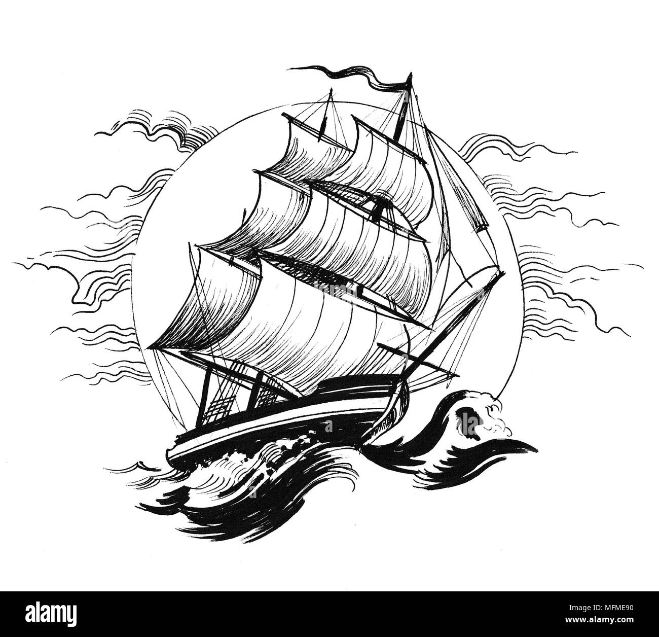 Nave A Vela In Mare Tempestoso Linchiostro Bianco E Nero