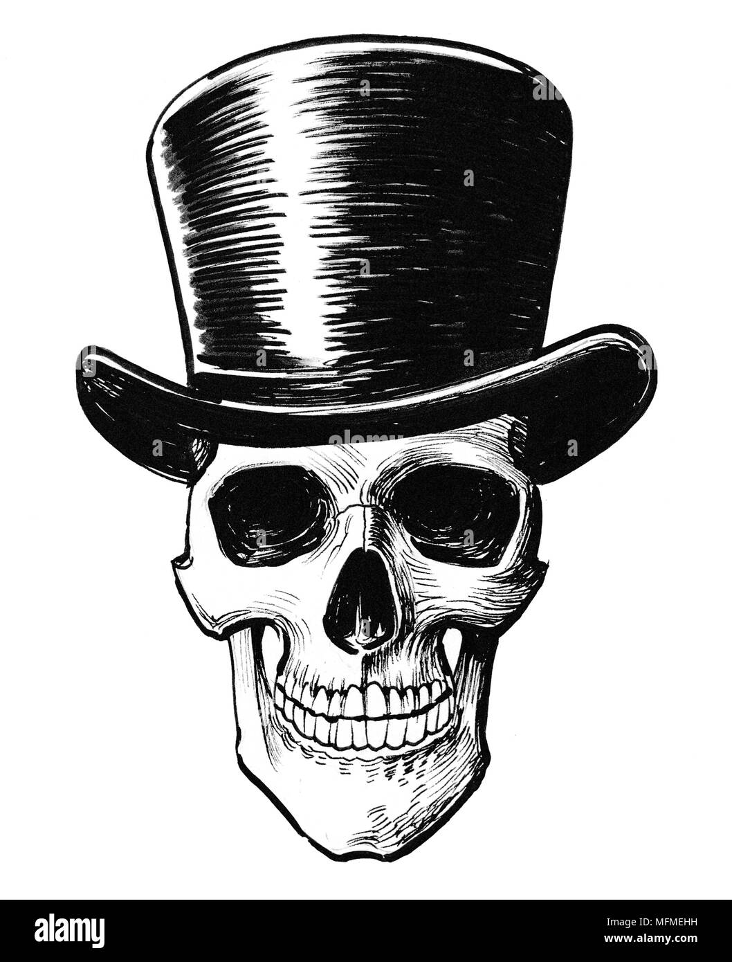 Cranio umano nel cappello a cilindro. L'inchiostro bianco e nero disegno  Foto stock - Alamy
