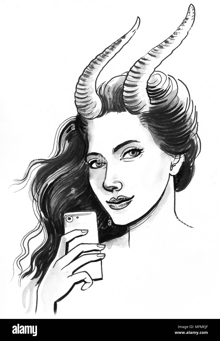 Ragazza Con Corna Prendendo Un Selfie Con Uno Smartphone L