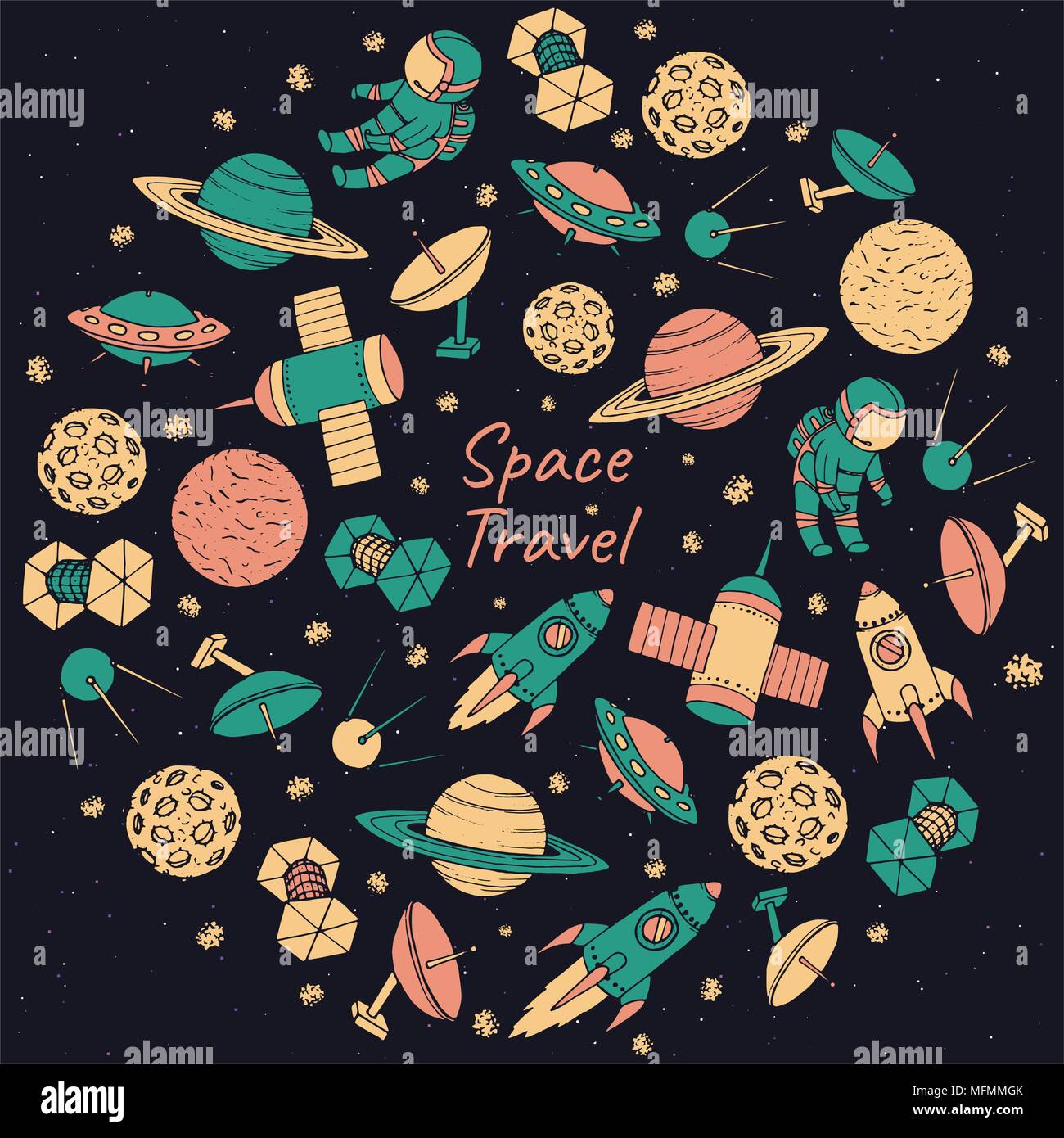 Disegnata a mano spazio vettoriale travel poster con i cosmonauti, satelliti, razzi, pianeti e stelle cadenti e UFO. Cosmo Stampa sulla notte stellata, backgroun Illustrazione Vettoriale