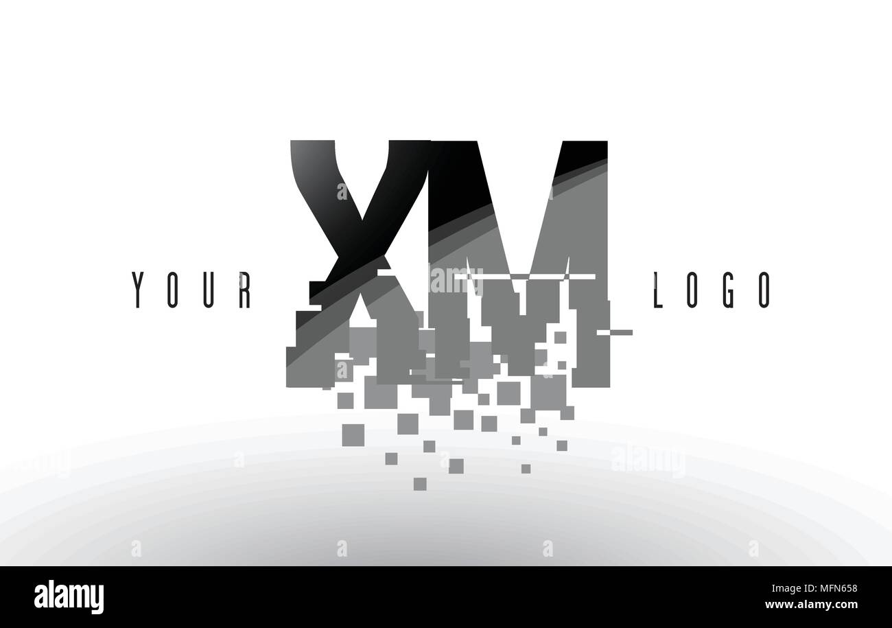 XM X M Pixel Logo Lettera con Digital Shattered quadrati neri. Creative lettere illustrazione vettoriale. Illustrazione Vettoriale