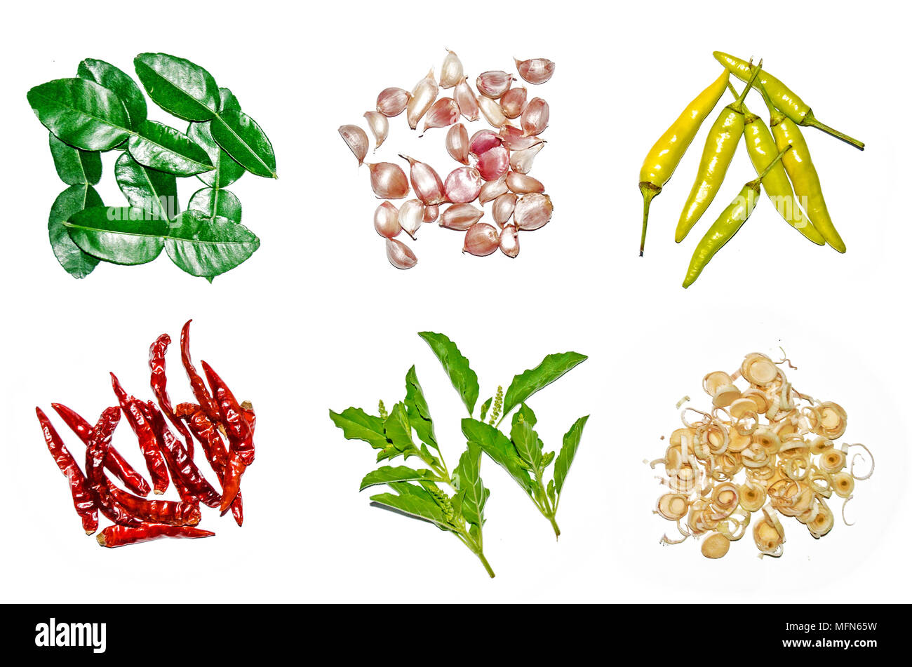 Gruppo di ingredienti di condimento e sulla parte superiore della tavola, Tailandese ingredienti speziati con peperoncino e aglio, citronella Foto Stock